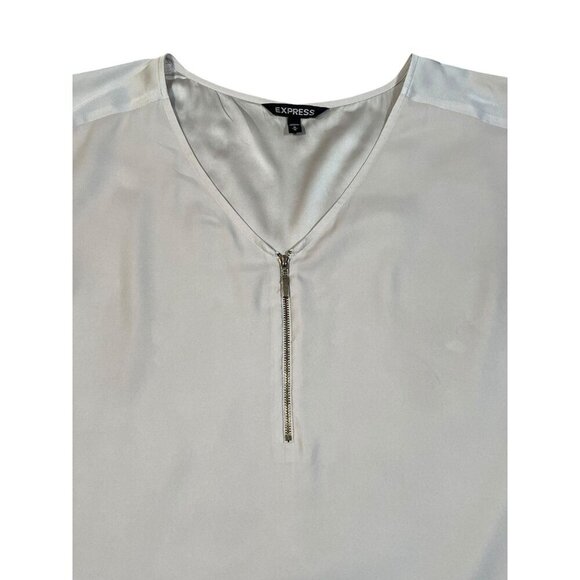 Express Beige Satin V-Neck Zippered Cuffed Sleeve Blouse SIZE-MEDIUM - Picture 5 of 7